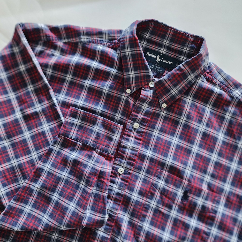 Ralph Lauren Moore blue red plaid long sleeve button‎ front shirt mens size L